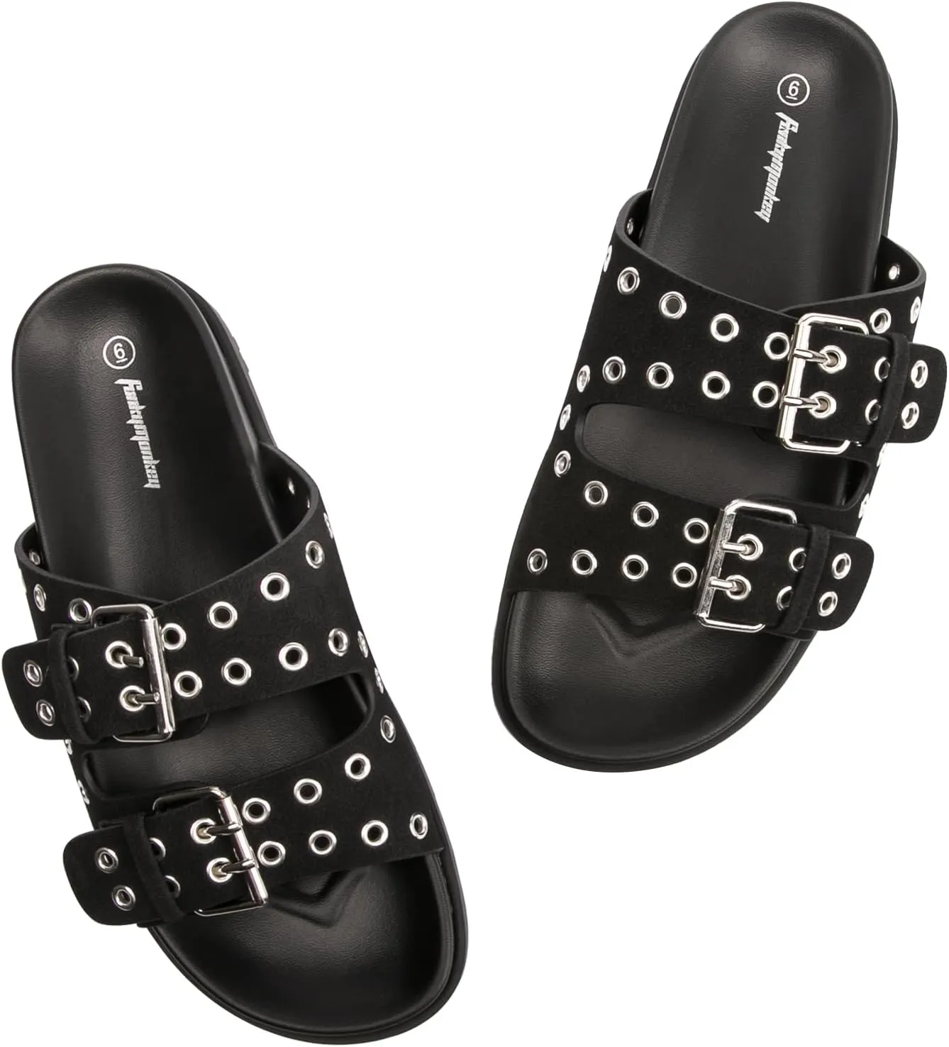 FUNKYMONKEY Women's Eyelets Adjustable Double Strap Slides Slip On Comfort Flat Sandals for Summer