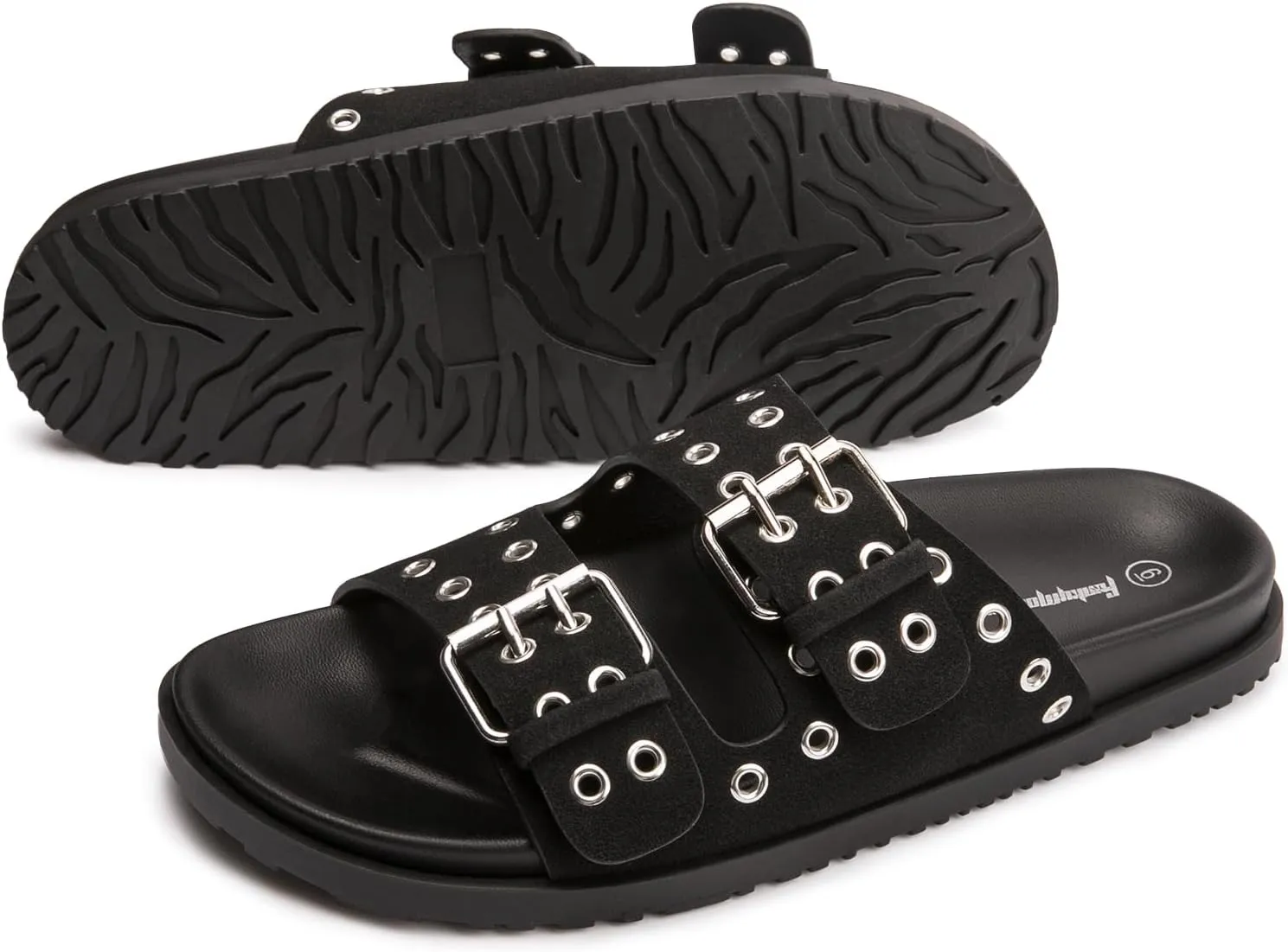 FUNKYMONKEY Women's Eyelets Adjustable Double Strap Slides Slip On Comfort Flat Sandals for Summer