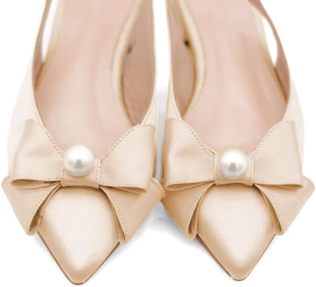 FYS Women Pearl Bow Pointed Toe Pumps Slip on Flat Singbacks Comfortable Wedding Prom Daily Shoes Size 4-16 US