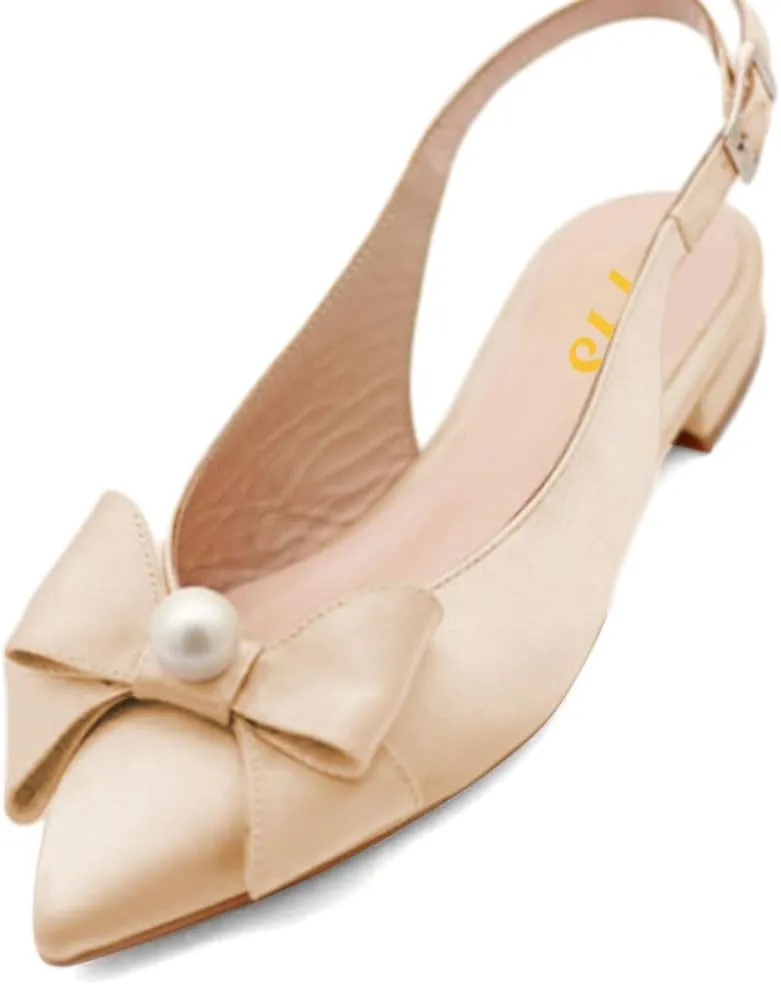 FYS Women Pearl Bow Pointed Toe Pumps Slip on Flat Singbacks Comfortable Wedding Prom Daily Shoes Size 4-16 US