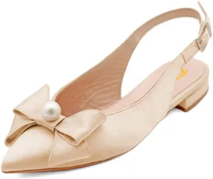 FYS Women Pearl Bow Pointed Toe Pumps Slip on Flat Singbacks Comfortable Wedding Prom Daily Shoes Size 4-16 US