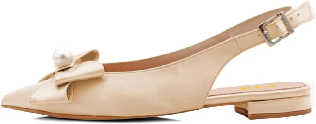 FYS Women Pearl Bow Pointed Toe Pumps Slip on Flat Singbacks Comfortable Wedding Prom Daily Shoes Size 4-16 US