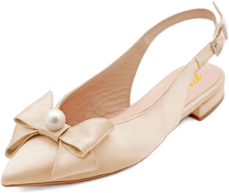 FYS Women Pearl Bow Pointed Toe Pumps Slip on Flat Singbacks Comfortable Wedding Prom Daily Shoes Size 4-16 US