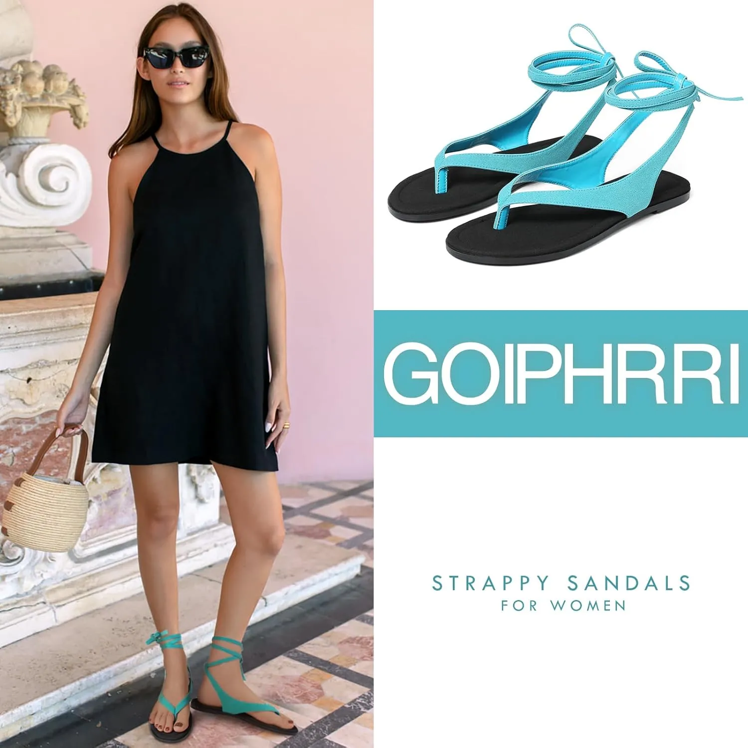 Goiphrri Flat Sandals for Women Dressy Comfortable Soft Lace Up Strappy Sandals Round Toe Thong Sandals for Women Flip Flop Sandals Casual Fashion Cute Summer Beach