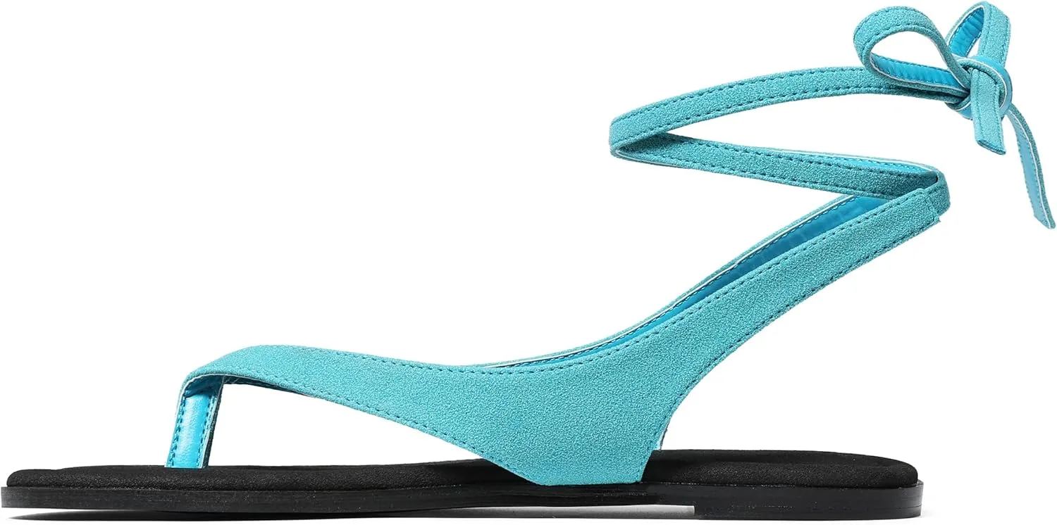 Goiphrri Flat Sandals for Women Dressy Comfortable Soft Lace Up Strappy Sandals Round Toe Thong Sandals for Women Flip Flop Sandals Casual Fashion Cute Summer Beach