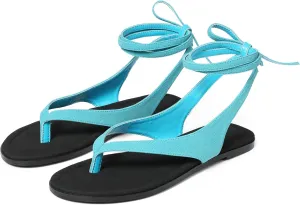 Goiphrri Flat Sandals for Women Dressy Comfortable Soft Lace Up Strappy Sandals Round Toe Thong Sandals for Women Flip Flop Sandals Casual Fashion Cute Summer Beach