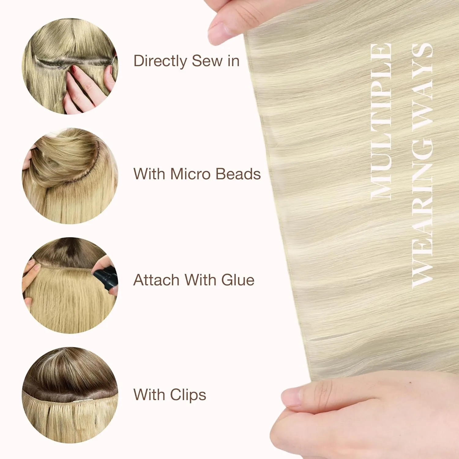 GOO GOO Genius Human Hair Extensions - Sew In Remy Weft, 17A/60A Ash Blonde Highlighted Platinum Blonde, 22 Inch 120g, Hand Tied
