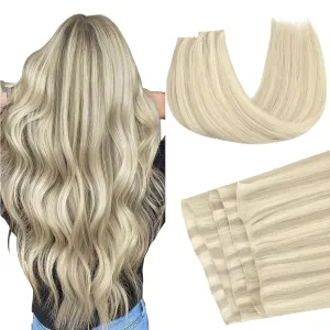GOO GOO Genius Human Hair Extensions - Sew In Remy Weft, 17A/60A Ash Blonde Highlighted Platinum Blonde, 22 Inch 120g, Hand Tied