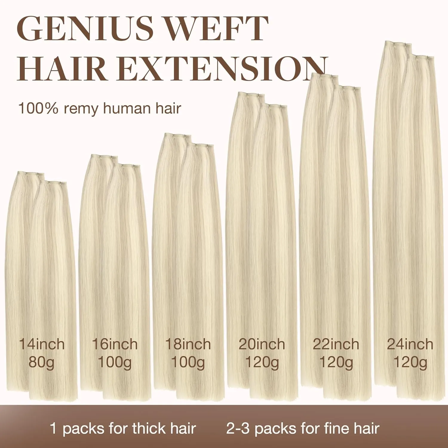 GOO GOO Genius Human Hair Extensions - Sew In Remy Weft, 17A/60A Ash Blonde Highlighted Platinum Blonde, 22 Inch 120g, Hand Tied