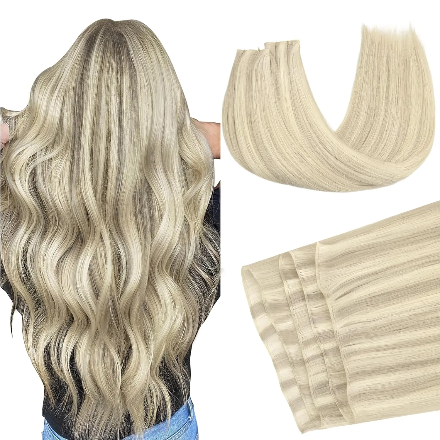 GOO GOO Genius Human Hair Extensions - Sew In Remy Weft, 17A/60A Ash Blonde Highlighted Platinum Blonde, 22 Inch 120g, Hand Tied