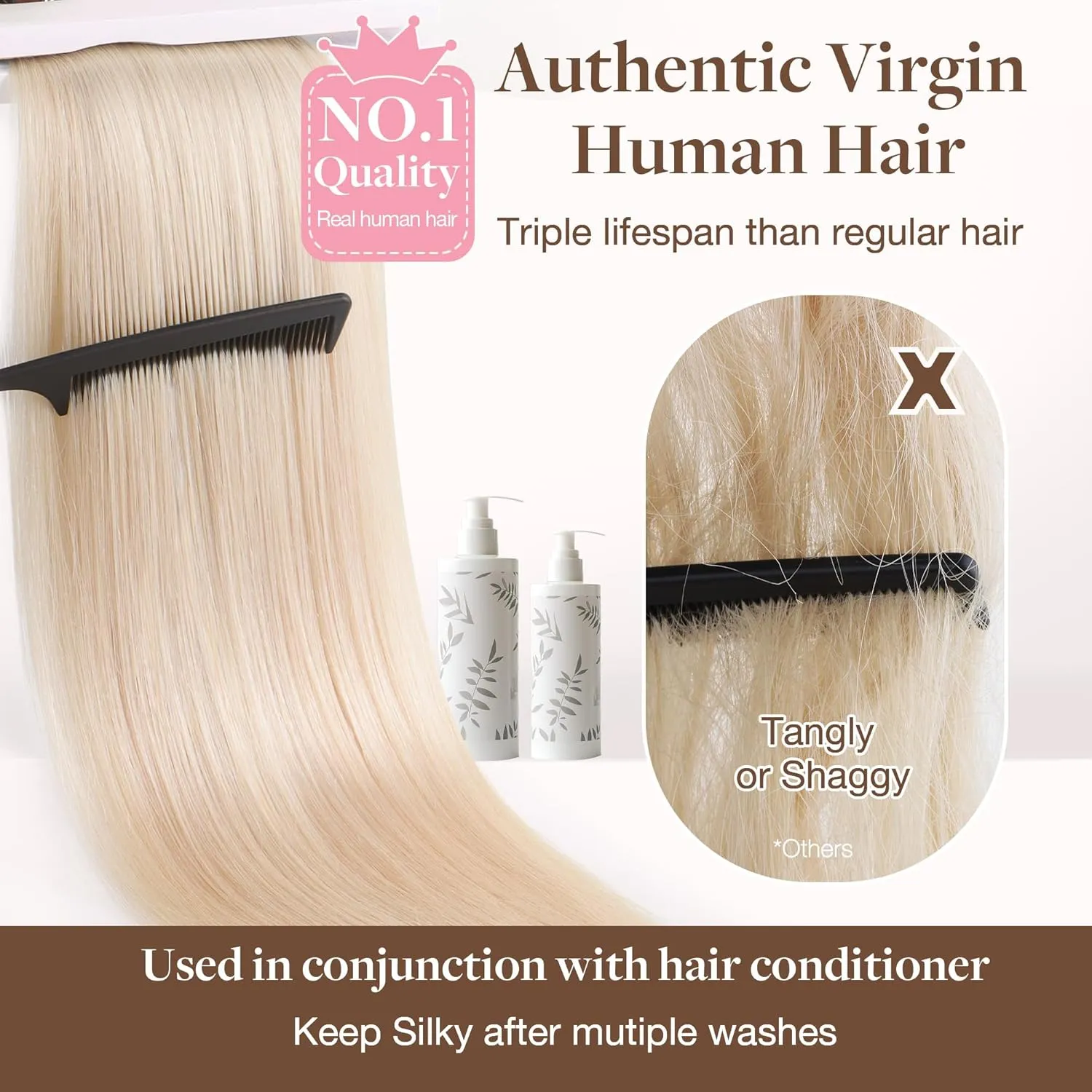 GOO GOO Genius Human Hair Extensions - Sew In Remy Weft, 17A/60A Ash Blonde Highlighted Platinum Blonde, 22 Inch 120g, Hand Tied