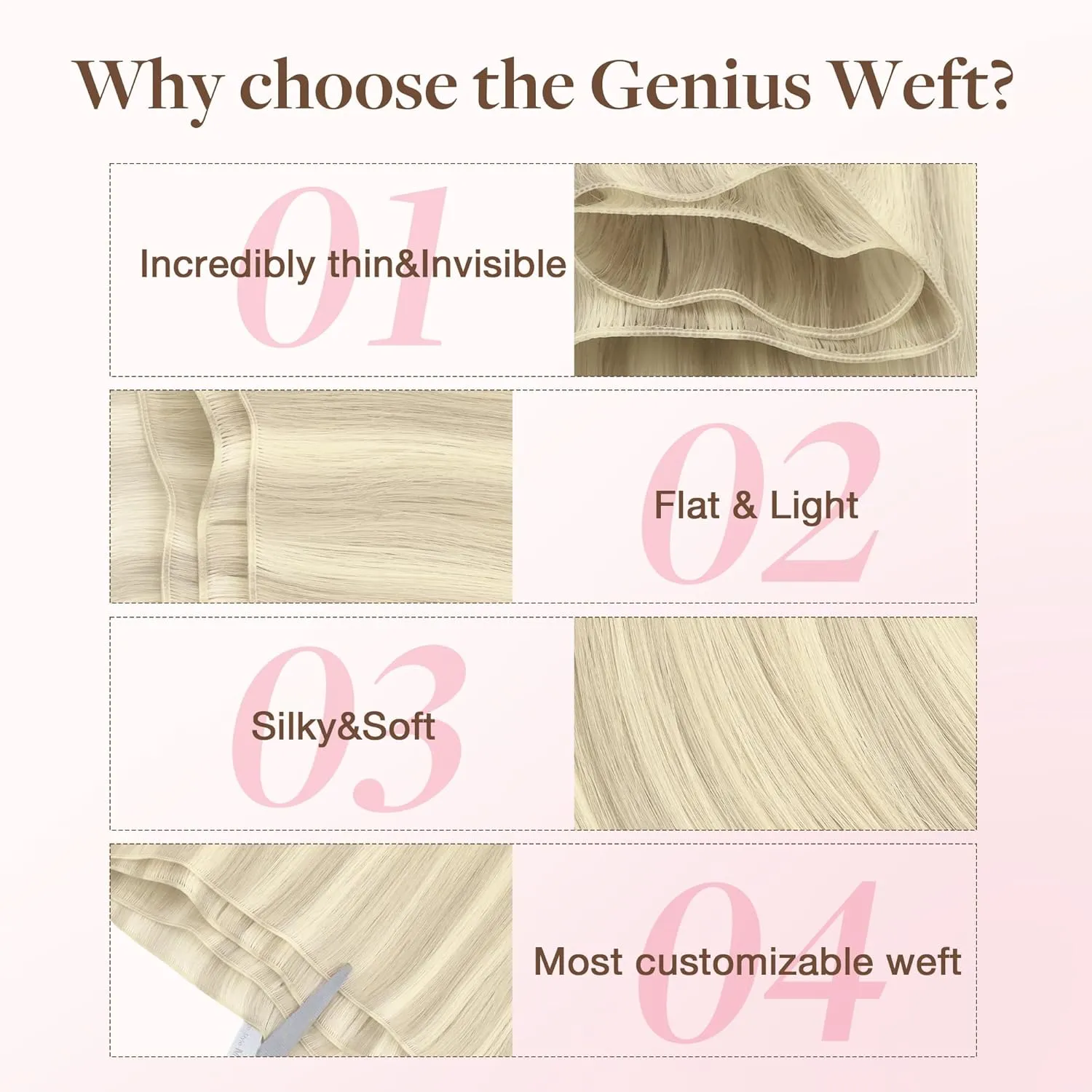 GOO GOO Genius Human Hair Extensions - Sew In Remy Weft, 17A/60A Ash Blonde Highlighted Platinum Blonde, 22 Inch 120g, Hand Tied