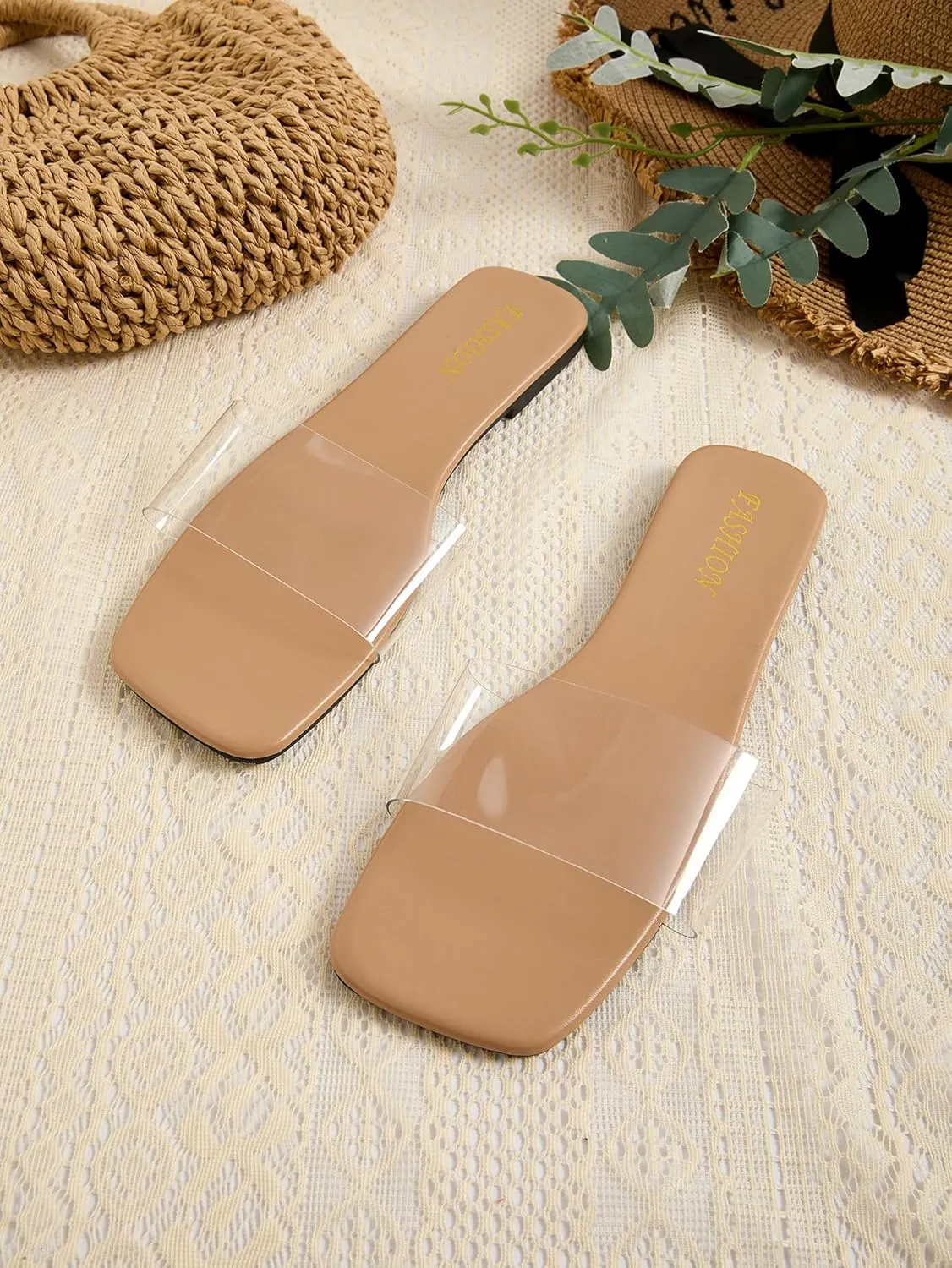 GORGLITTER Women's Clear Sandals Transparent Flat Dressy Slip On Slides Flip Flops