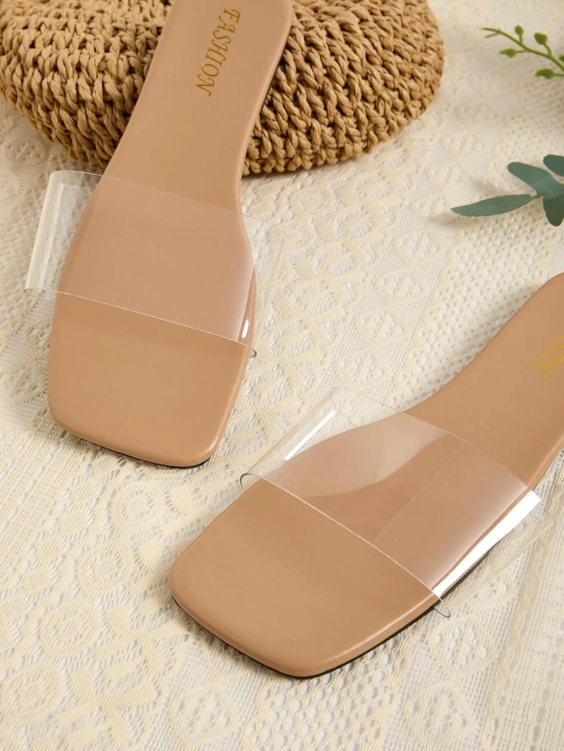 GORGLITTER Women's Clear Sandals Transparent Flat Dressy Slip On Slides Flip Flops