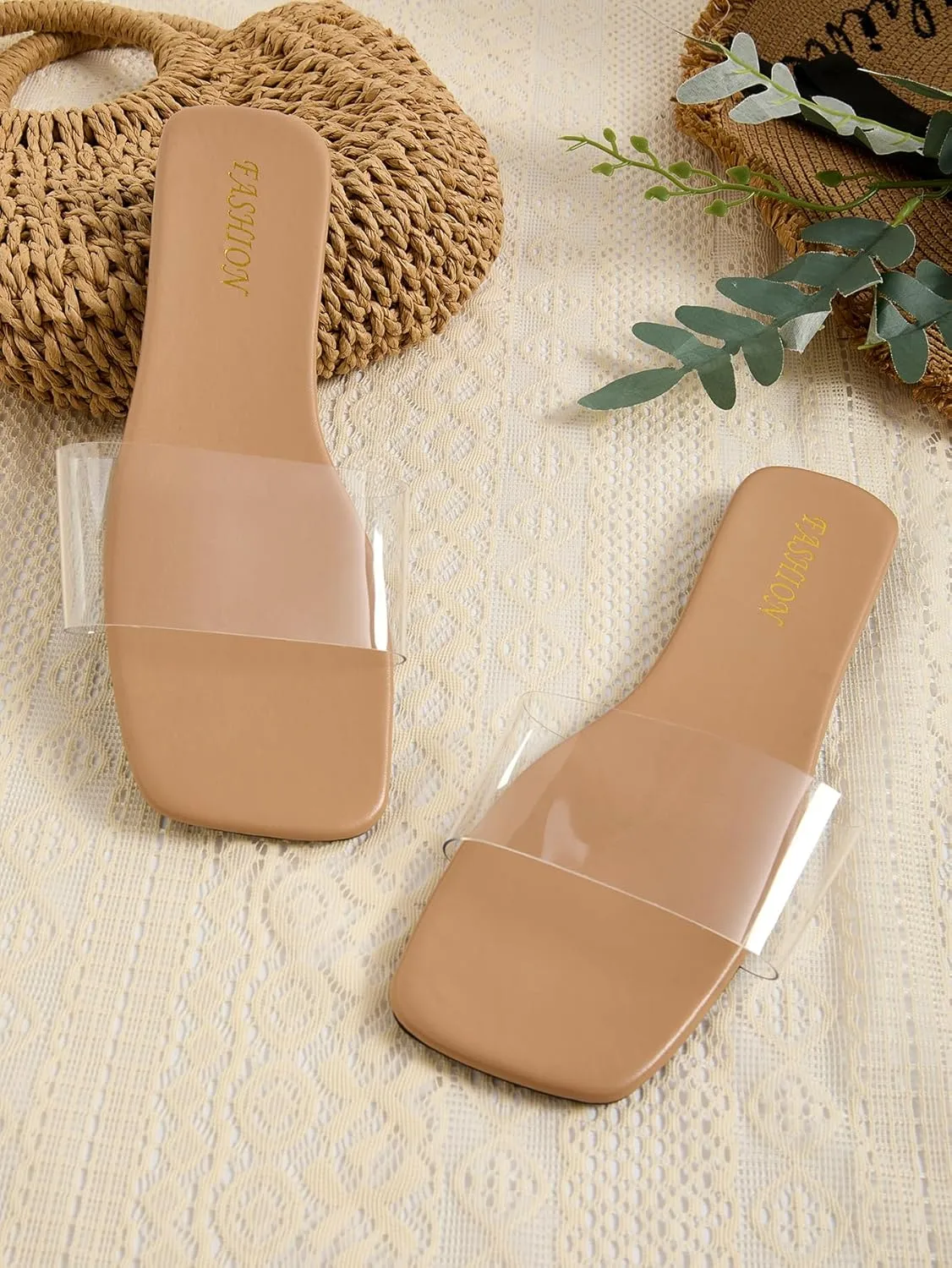 GORGLITTER Women's Clear Sandals Transparent Flat Dressy Slip On Slides Flip Flops