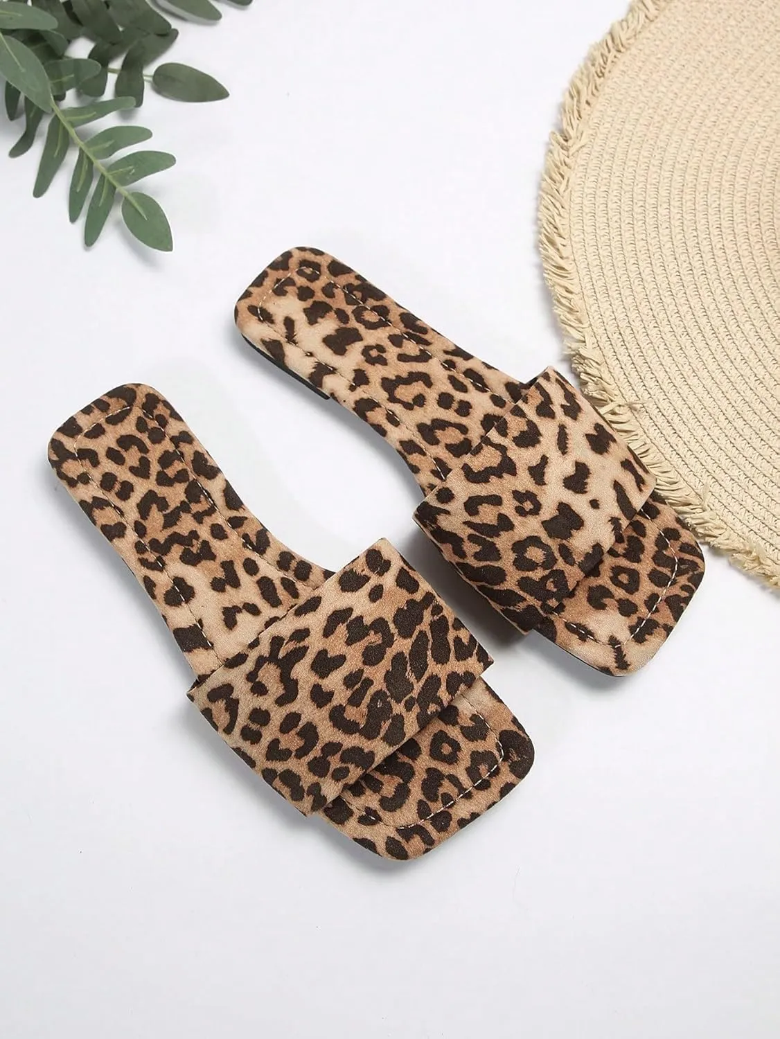 GORGLITTER Women's Leopard Flat Sandals Cheetah Animal Print Slides Square Open Toe Slip on Sandal