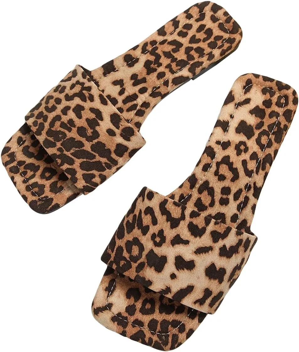 GORGLITTER Women's Leopard Flat Sandals Cheetah Animal Print Slides Square Open Toe Slip on Sandal