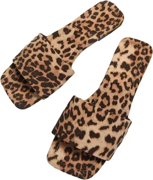 GORGLITTER Women's Leopard Flat Sandals Cheetah Animal Print Slides Square Open Toe Slip on Sandal