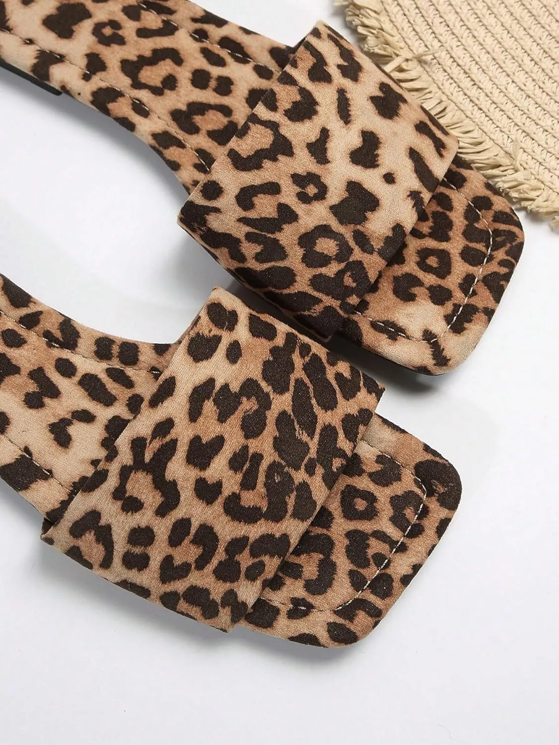 GORGLITTER Women's Leopard Flat Sandals Cheetah Animal Print Slides Square Open Toe Slip on Sandal