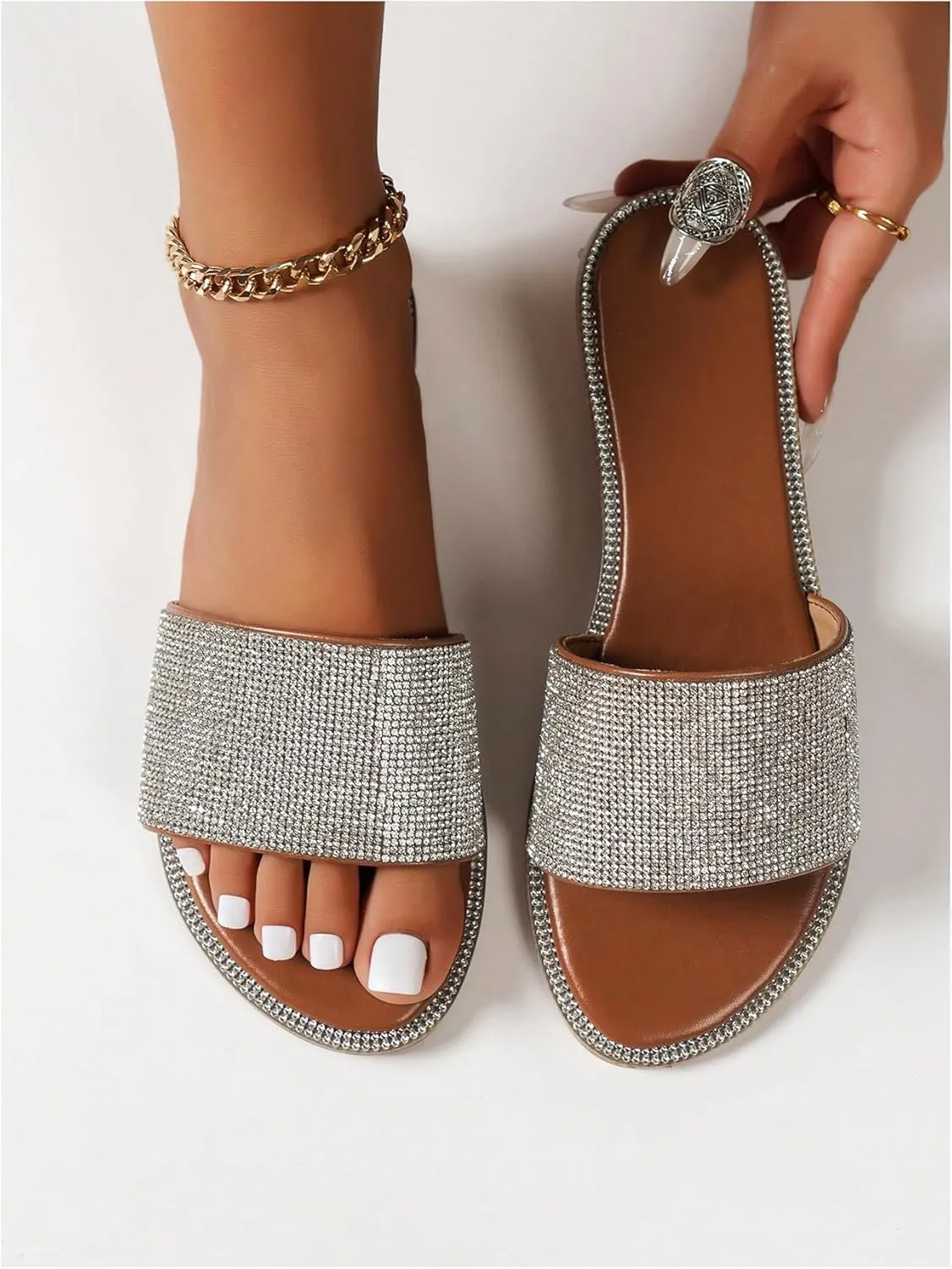 GORGLITTER Women's Rhinestone Sandals Dress Slip on Flip Flops Flat Summer Open Toe Slides Sandal