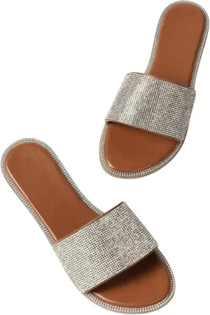 GORGLITTER Women's Rhinestone Sandals Dress Slip on Flip Flops Flat Summer Open Toe Slides Sandal
