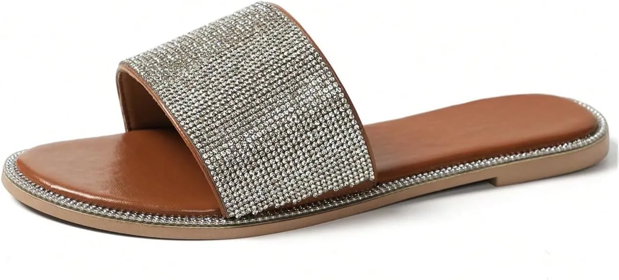 GORGLITTER Women's Rhinestone Sandals Dress Slip on Flip Flops Flat Summer Open Toe Slides Sandal