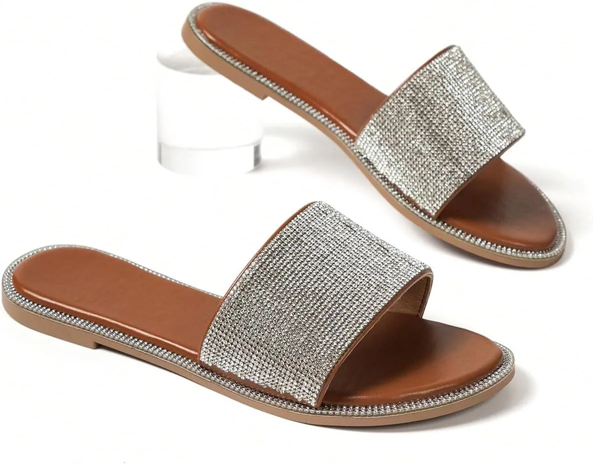 GORGLITTER Women's Rhinestone Sandals Dress Slip on Flip Flops Flat Summer Open Toe Slides Sandal