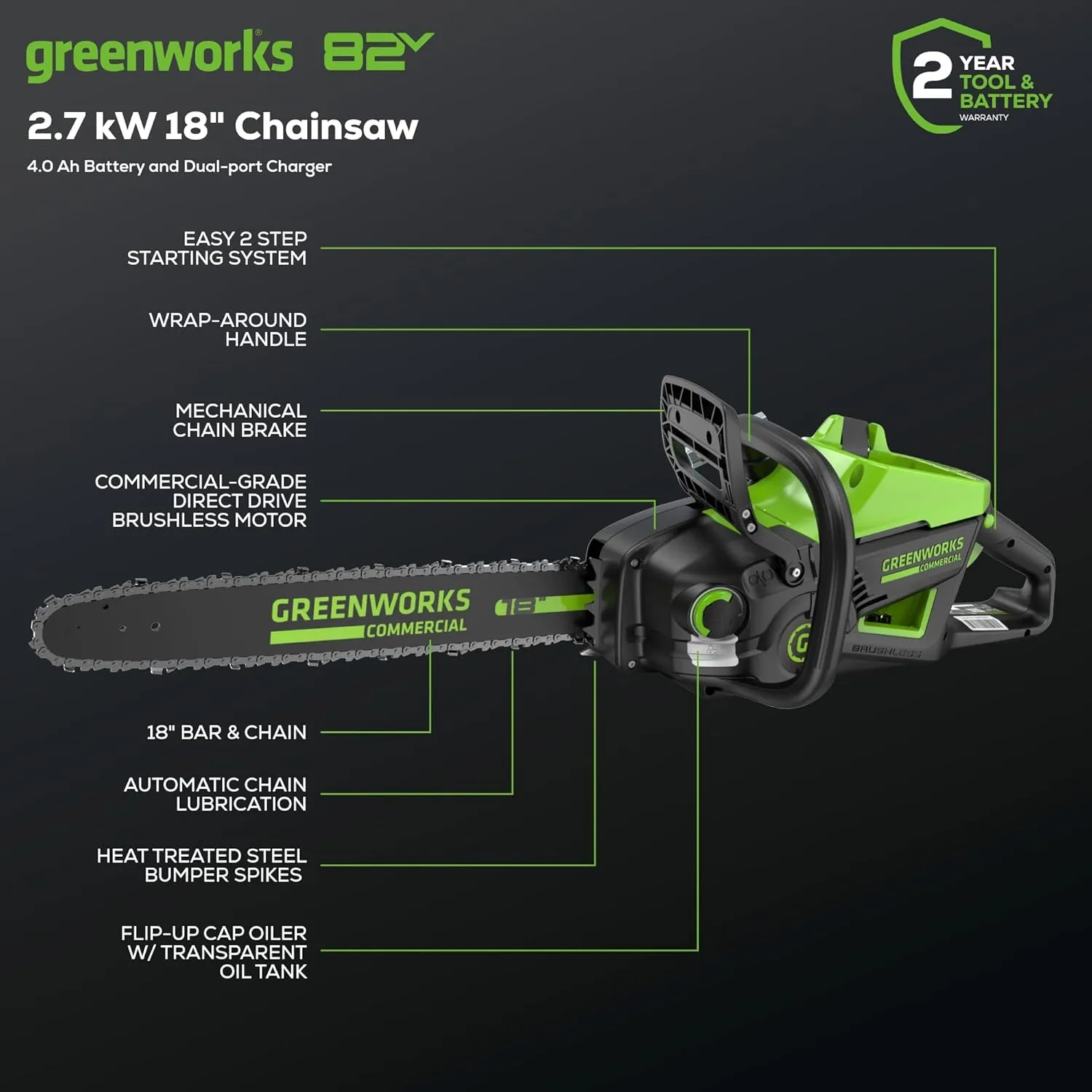 Greenworks 82V 18" Brushless (2.7 kW) Cordless Chainsaw (210 Cuts Per Charge), 4.0Ah Battery and Dual Port Rapid Charger (Great For Landscapers and Professionals)