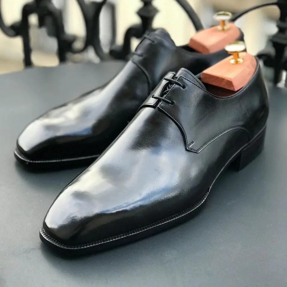 Handmade Black Leather Derby Dress Shoes for Men