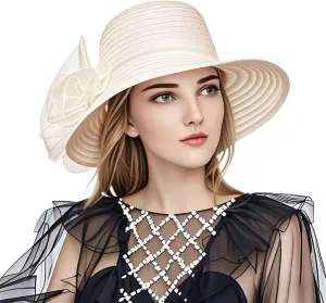 Haoohu Women's Church Derby Hat Wide Brim Bow Bucket Hat Wedding Dress Hat Fascinator Bridal Tea Party Hat