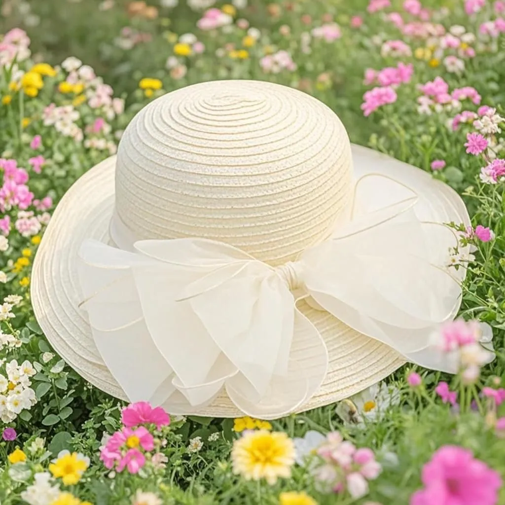 Haoohu Women's Church Derby Hat Wide Brim Bow Bucket Hat Wedding Dress Hat Fascinator Bridal Tea Party Hat