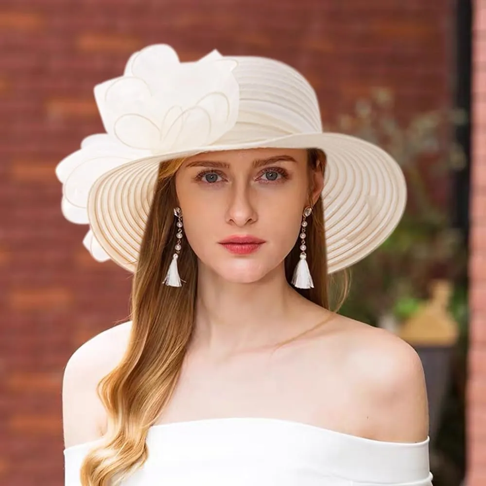Haoohu Women's Church Derby Hat Wide Brim Bow Bucket Hat Wedding Dress Hat Fascinator Bridal Tea Party Hat