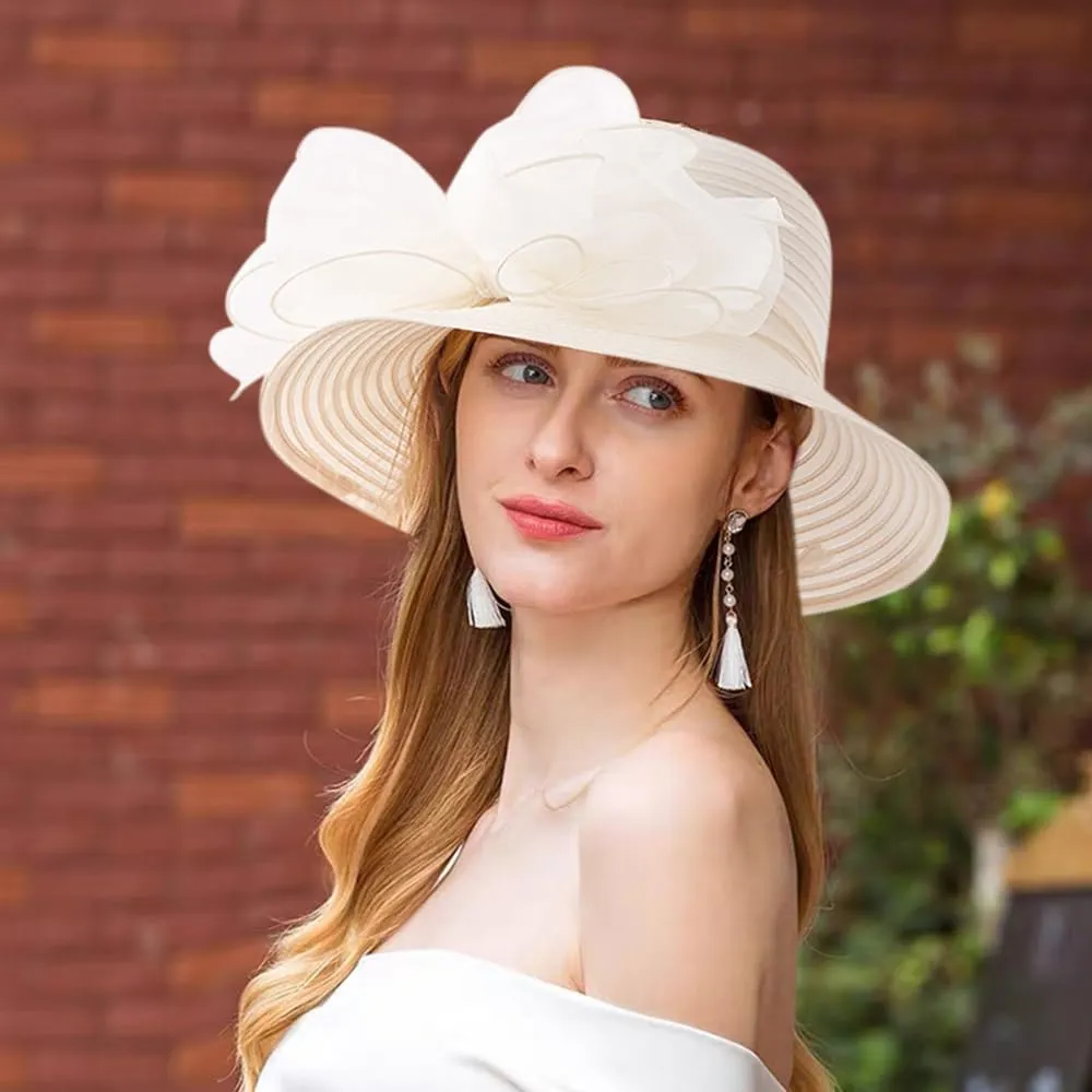 Haoohu Women's Church Derby Hat Wide Brim Bow Bucket Hat Wedding Dress Hat Fascinator Bridal Tea Party Hat