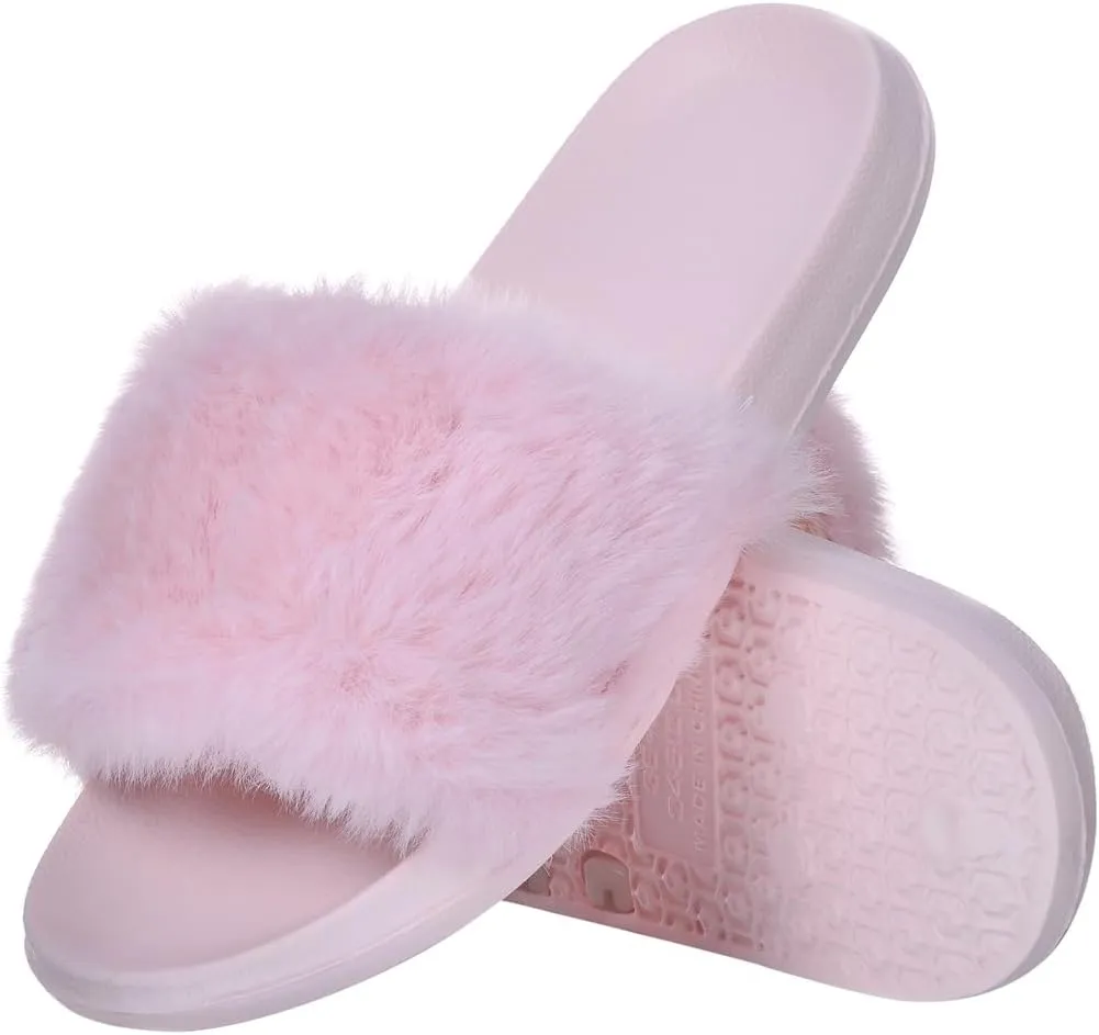 Harssidanzar Womens Soft Faux Fur Flat Slide Sandals Comfortable Indoor Outdoor Slipper HL208US
