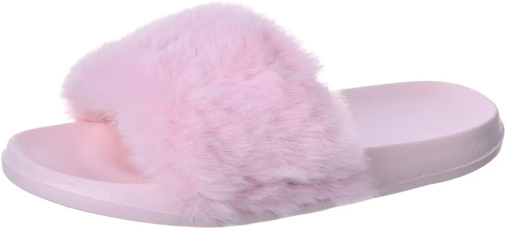 Harssidanzar Womens Soft Faux Fur Flat Slide Sandals Comfortable Indoor Outdoor Slipper HL208US