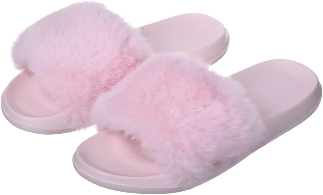 Harssidanzar Womens Soft Faux Fur Flat Slide Sandals Comfortable Indoor Outdoor Slipper HL208US