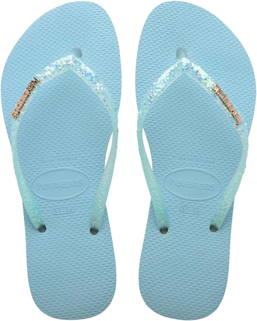 Havaianas Women Slim Glitter Flourish Flip Flops - Pastel Glitter Sandals - Nautical Blue, 11/12W - 9/10M