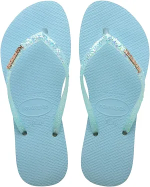 Havaianas Women Slim Glitter Flourish Flip Flops - Pastel Glitter Sandals - Nautical Blue, 11/12W - 9/10M