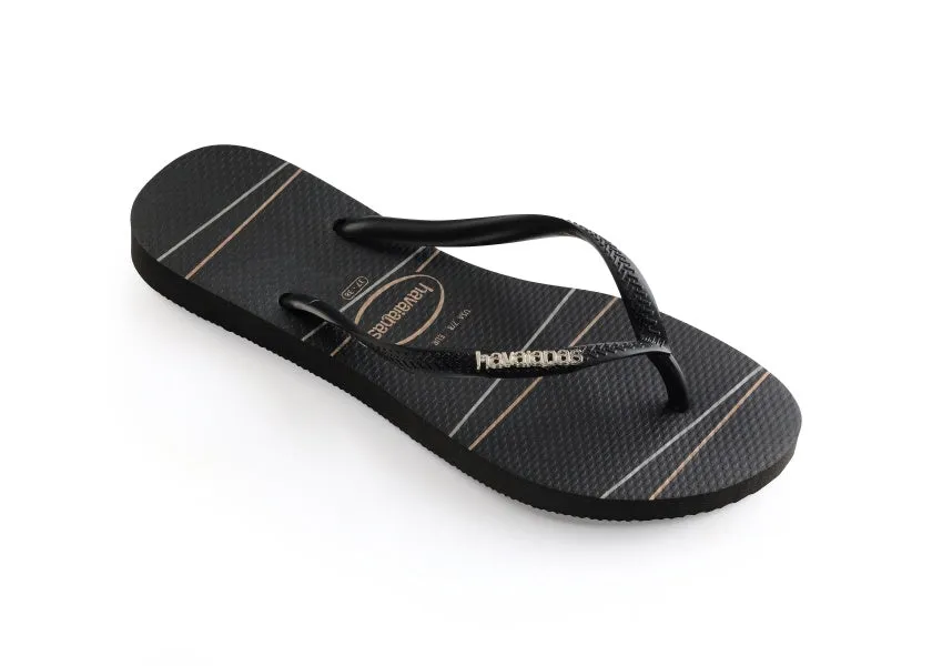.Havaianas Womens Slim Logo Metallic Blk/Gld/Sil - (SLIM LOGO METALLIC PRINT) - HV9 - F