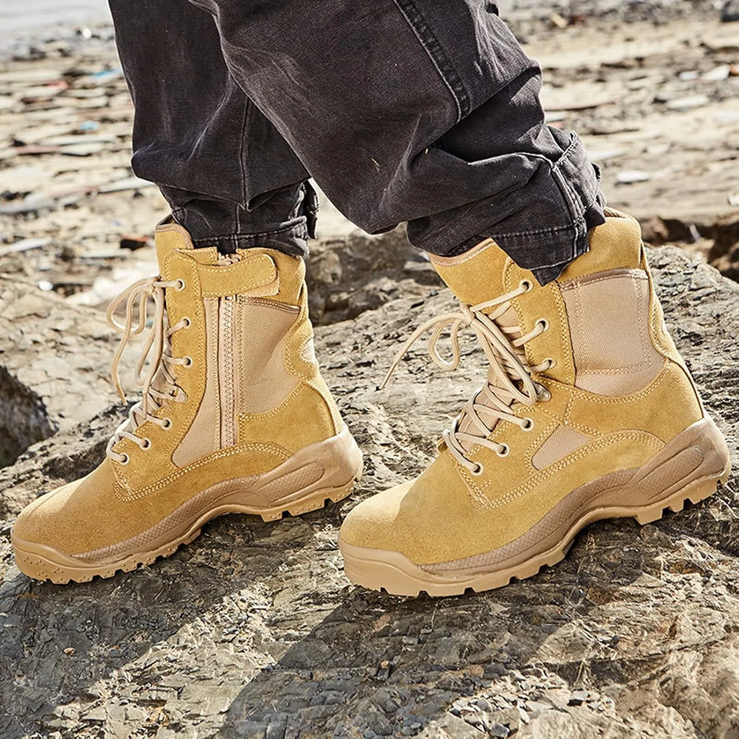 hongrenamz Mens Hiking Boots Lightweight Waterproof Non-Slip Walking Shoes High Rise Trekking Shoes-Sand||EU43/US9