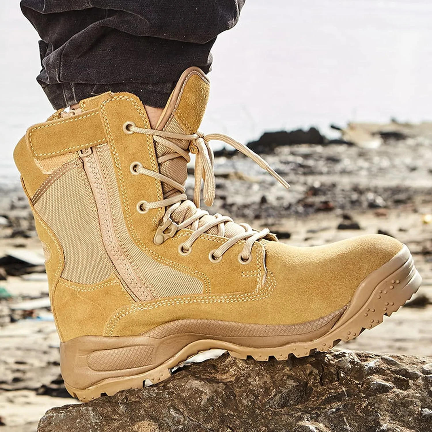 hongrenamz Mens Hiking Boots Lightweight Waterproof Non-Slip Walking Shoes High Rise Trekking Shoes-Sand||EU43/US9