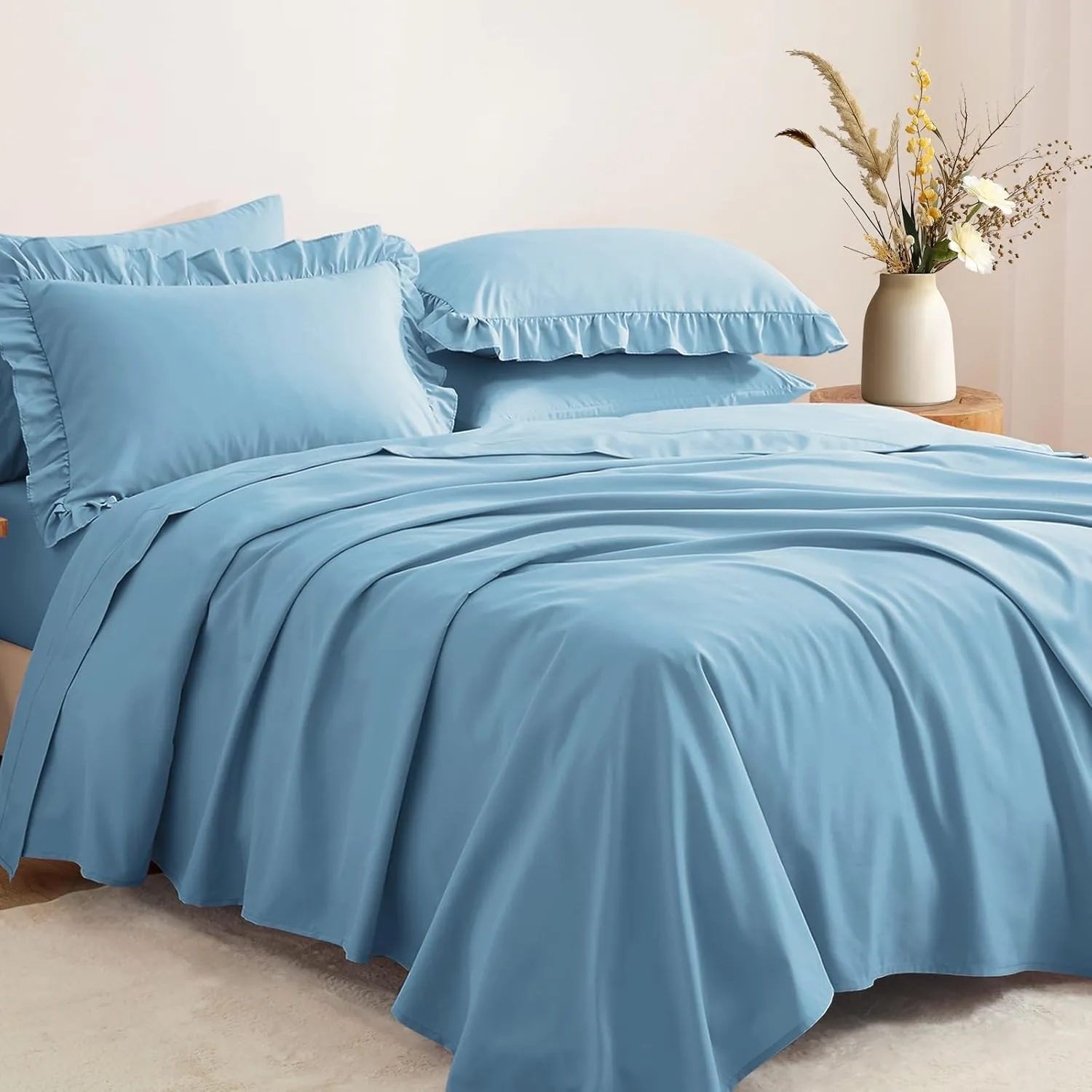 Horbaunal Blue Ruffle Sheets Full Size 6 Piece, Fits 16" Deep Mattress, Microfiber Blue Full Sheets with 2 Ruffled Pillowcases, Shabby Chic Bed Sheet Set