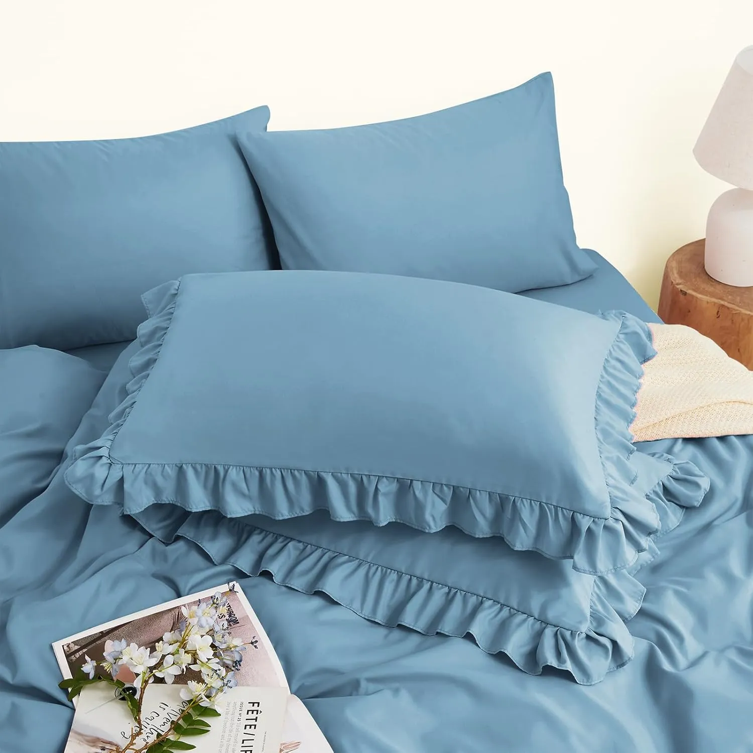 Horbaunal Blue Ruffle Sheets Full Size 6 Piece, Fits 16" Deep Mattress, Microfiber Blue Full Sheets with 2 Ruffled Pillowcases, Shabby Chic Bed Sheet Set