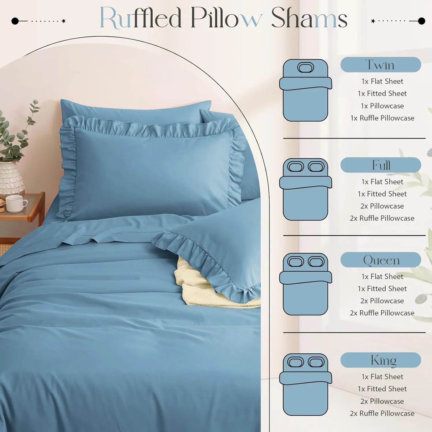Horbaunal Blue Ruffle Sheets Full Size 6 Piece, Fits 16" Deep Mattress, Microfiber Blue Full Sheets with 2 Ruffled Pillowcases, Shabby Chic Bed Sheet Set