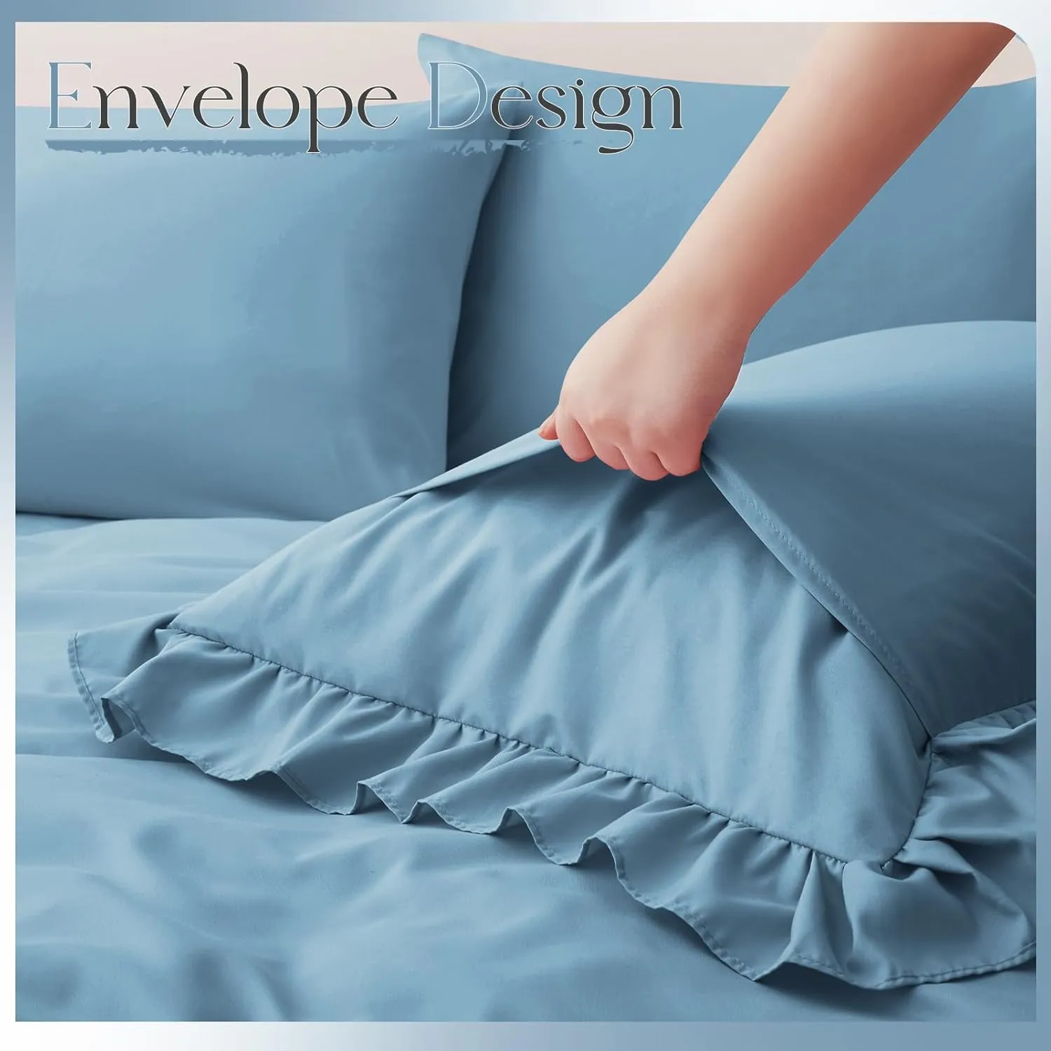 Horbaunal Blue Ruffle Sheets Full Size 6 Piece, Fits 16" Deep Mattress, Microfiber Blue Full Sheets with 2 Ruffled Pillowcases, Shabby Chic Bed Sheet Set