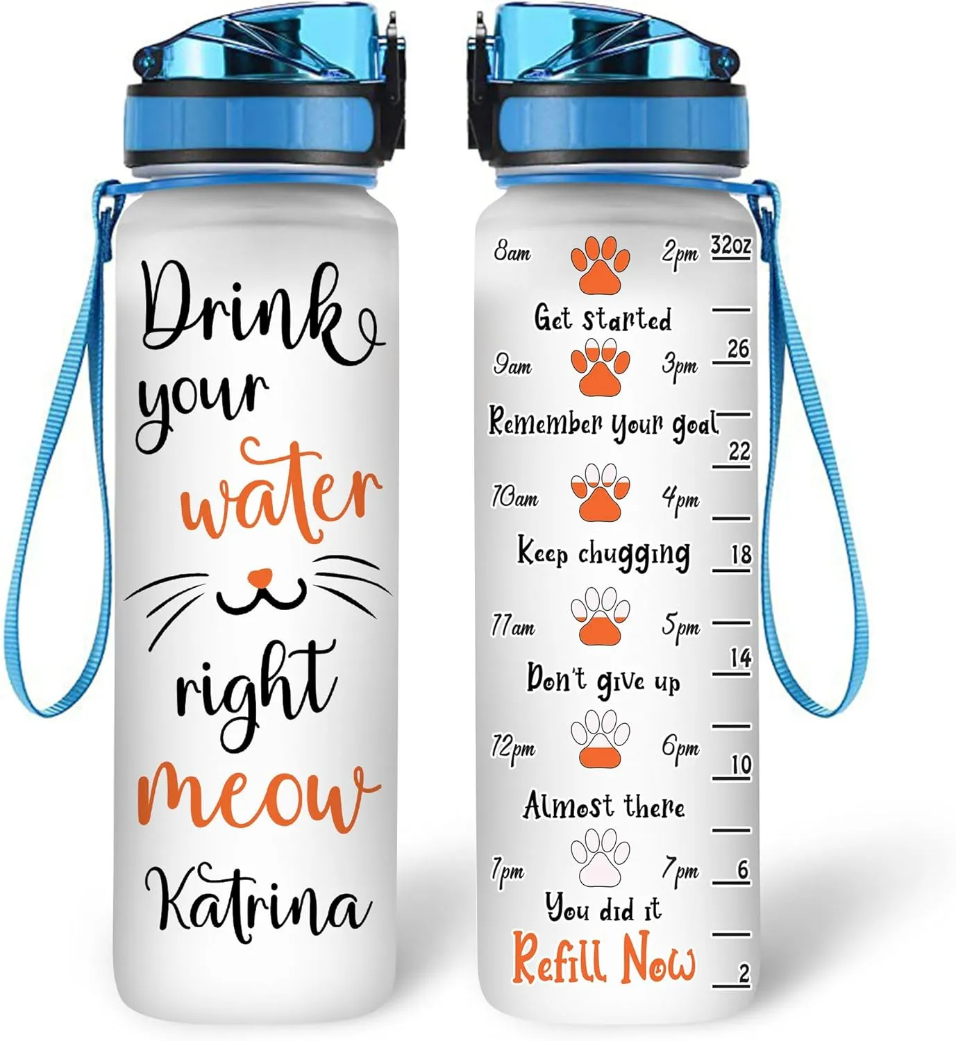 Hyturtle Personalized Cat Water Bottle - 32oz Motivational Water Bottle with Leak-Proof Lid & Time Marker, BPA-Free - Custom Name Gift for Cat Lovers, Women, Girls - Birthday & Christmas Gift