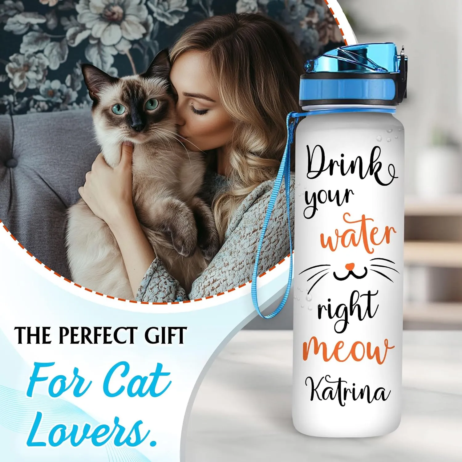 Hyturtle Personalized Cat Water Bottle - 32oz Motivational Water Bottle with Leak-Proof Lid & Time Marker, BPA-Free - Custom Name Gift for Cat Lovers, Women, Girls - Birthday & Christmas Gift