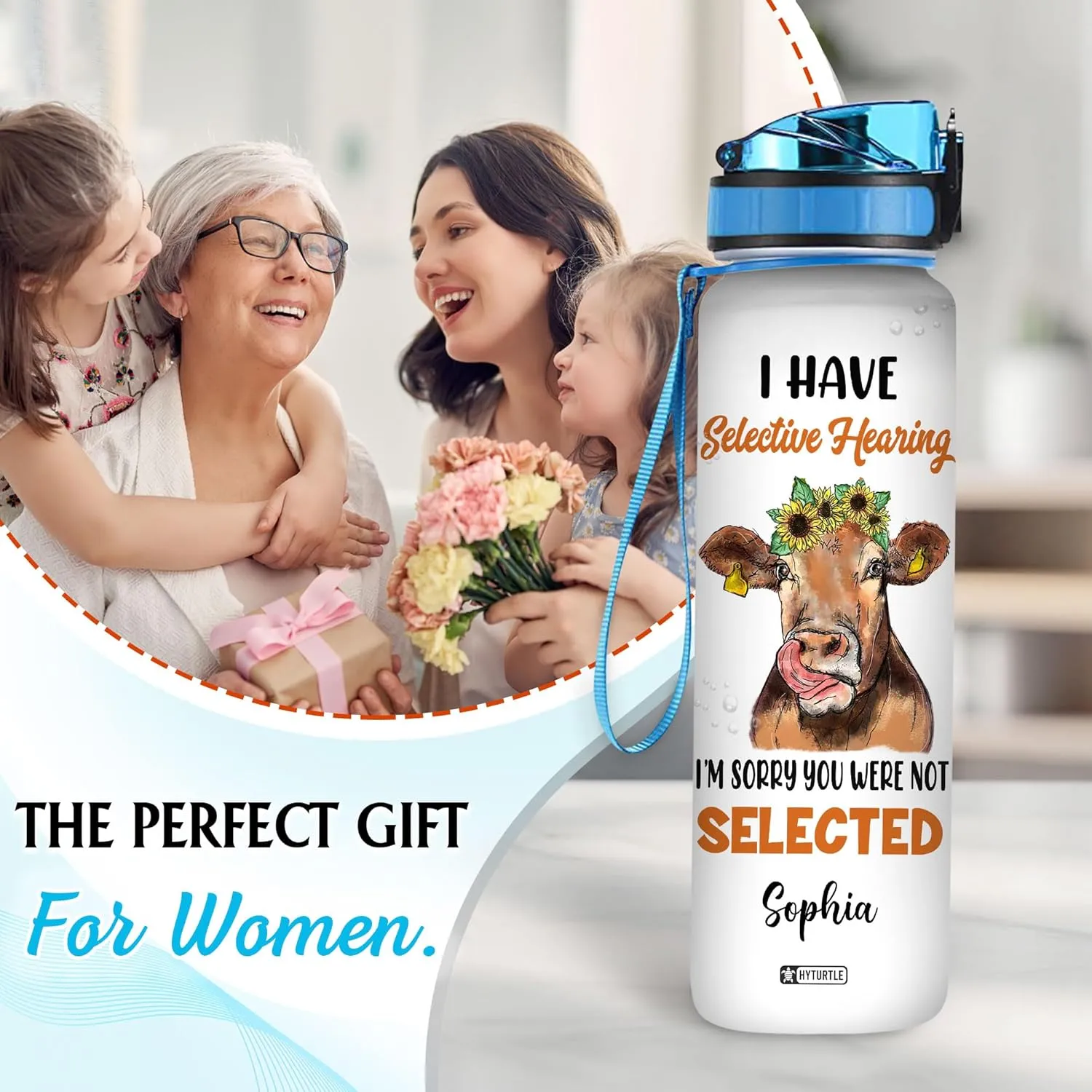 Hyturtle Personalized Cow Water Bottle - 32oz Inspirational Motivational Water Bottle with Leak-Proof Lid Time Marker - Custom Name Gift for Women, Cow Lovers, Farm Animals - Birthday, Christmas Gift