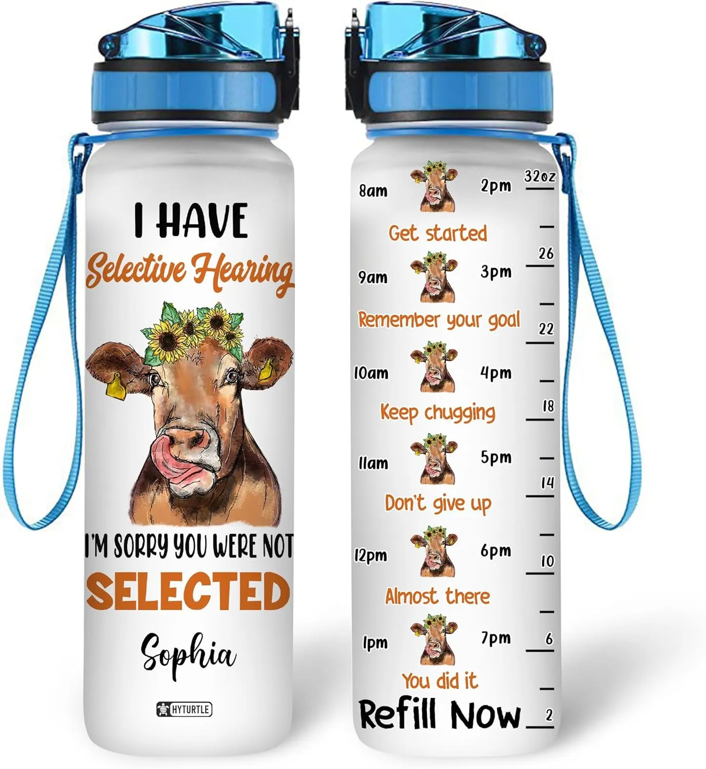 Hyturtle Personalized Cow Water Bottle - 32oz Inspirational Motivational Water Bottle with Leak-Proof Lid Time Marker - Custom Name Gift for Women, Cow Lovers, Farm Animals - Birthday, Christmas Gift