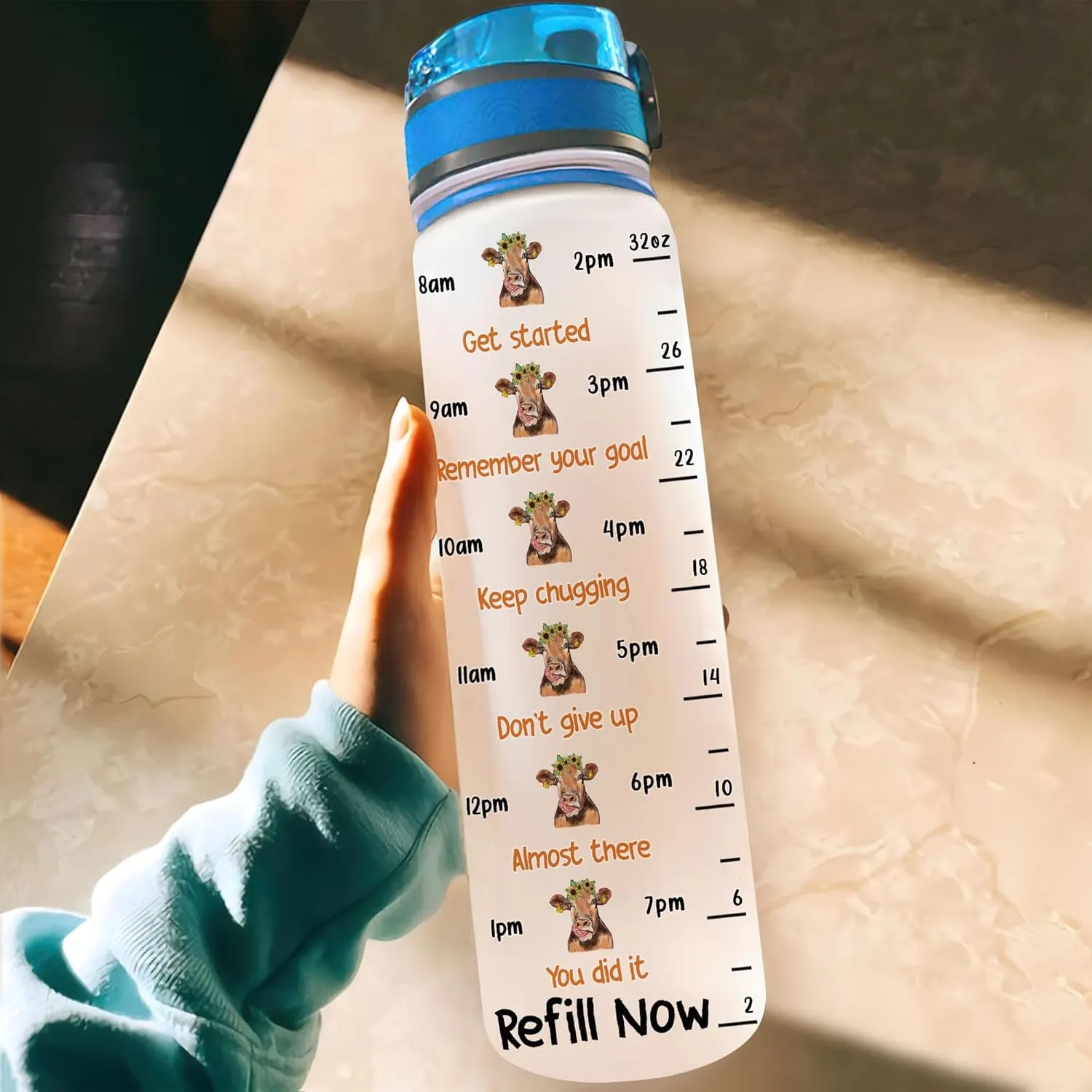 Hyturtle Personalized Cow Water Bottle - 32oz Inspirational Motivational Water Bottle with Leak-Proof Lid Time Marker - Custom Name Gift for Women, Cow Lovers, Farm Animals - Birthday, Christmas Gift